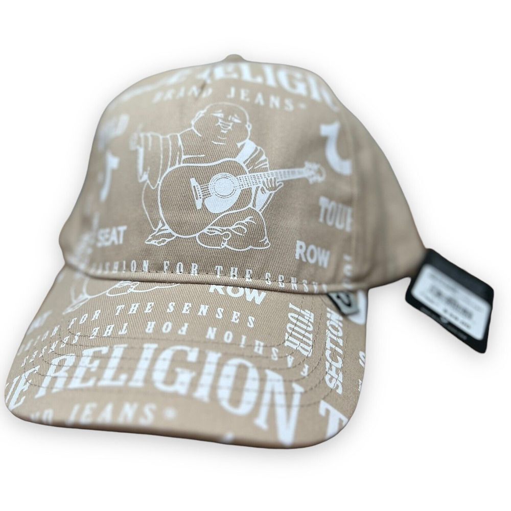 True Religion Buddha Trucker Hat Tan All Over Print Cap Logo Snapback
